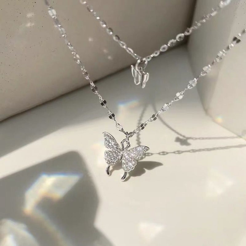 2021 New Double Layer Butterfly Sterling Silver Necklace Women'S Ins Niche Design High-Grade Clavicle Chain Jewelry Pendant - Image 2